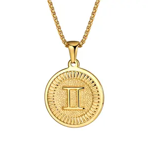 OIDEA Gemini Zodiac Pendant Necklace - 18K Gold Tone Stainless Steel Circle Dainty Necklace Gift for Men and Women