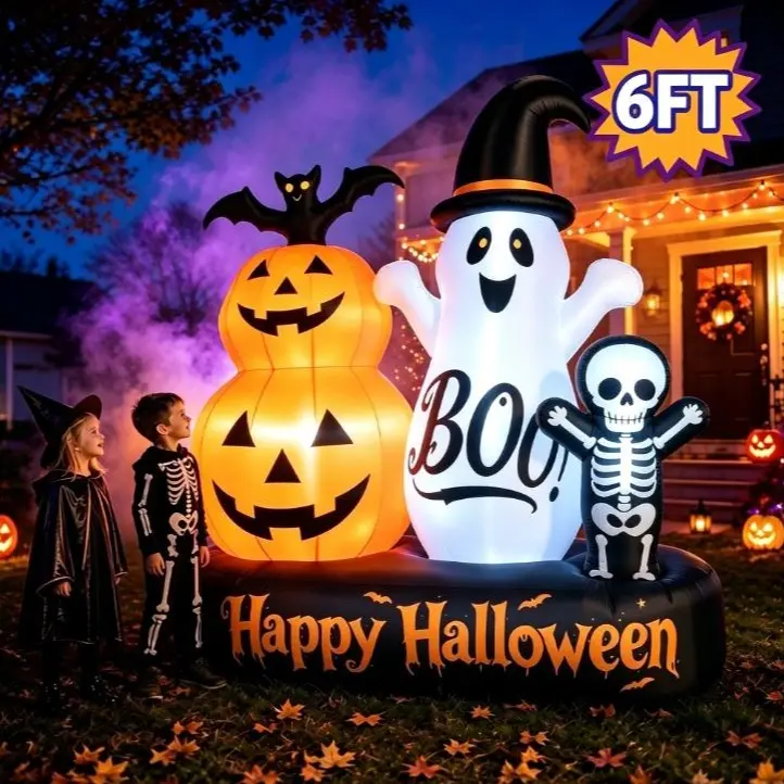 6FT Halloween Inflatable Decorations, Pumpkin Ghost Skeleton Combo with Built-in LED Lights, Blow Up Yard Lawn Porch Decor for Halloween Party
