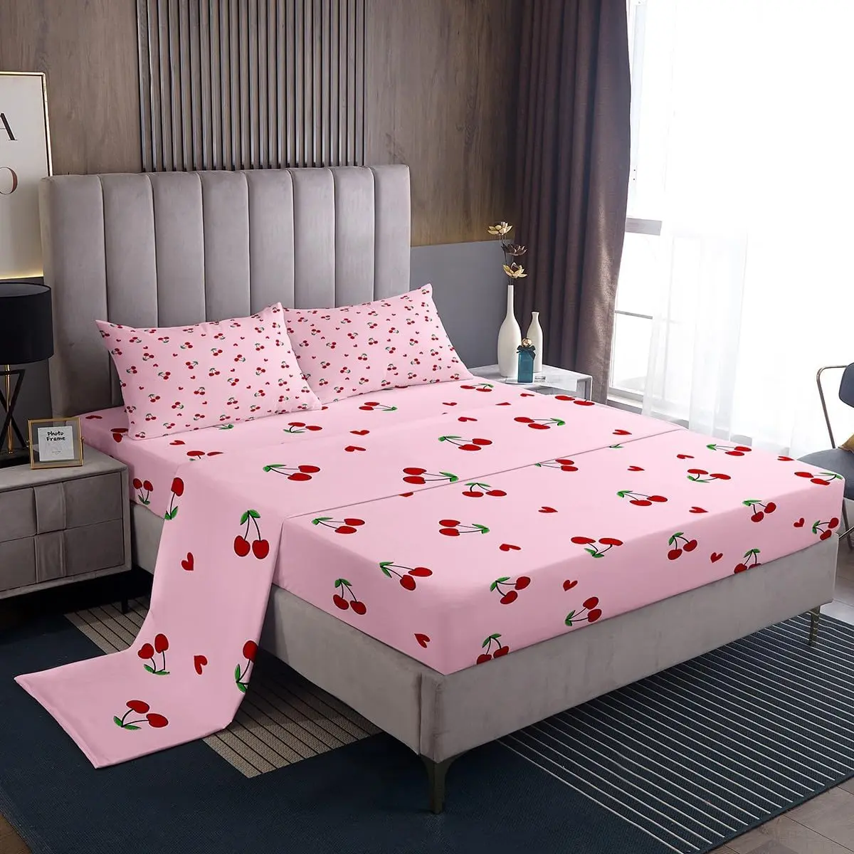 Kids Cherry Sheets Deep Pocket Fitted Sheet,Cherry Pattern Sheet Set Cute Fruit Bed Sheets Set for Kawaii Cartoon Fruit Bedding Set Bedroom Decor