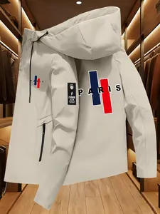 Paris Letter Print Jacket, French Flag Color Hooded Windbreaker, Casual Long Sleeve Loose-Fit Top, Geometric Pattern, All Seasons