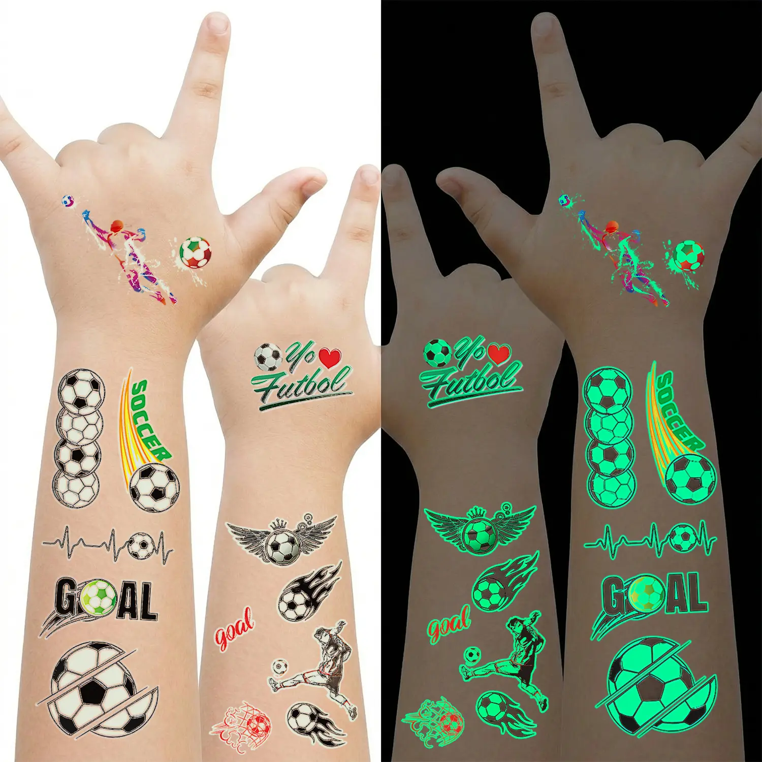 10 Sheets Soccer Temporary Tattoos Sticker, Glow In The Dark Soccer Temporary Tattoos Fake Tattoo Stickers for Football Birthday Party Decorations, Goodie Bags Stuffers