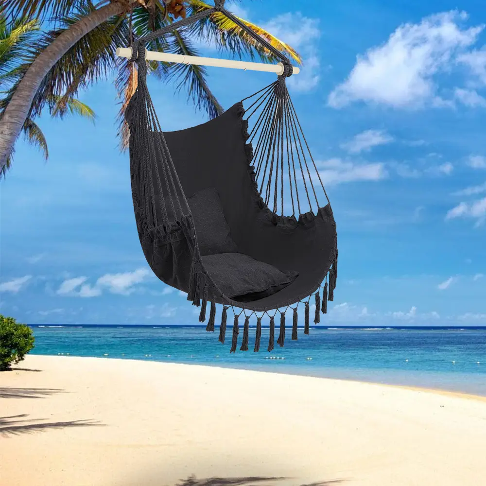 Boho Macrame Hanging Chair Swing, Gray Terylene Seat with Pillow & Tassels for Indoor Outdoor Garden Use, Portable, 198 lbs Capacity, Beach, Hiking