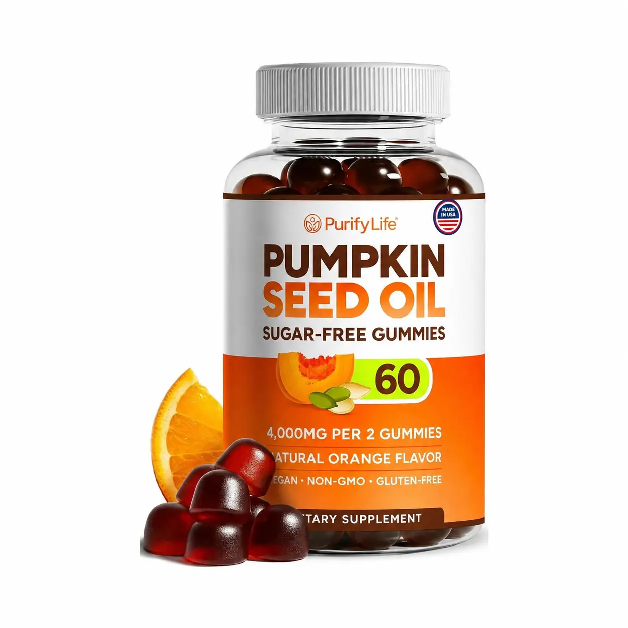 Purify Life | Sugar-Free Pumpkin Seed Oil Gummies - 4000mg/Serving, 60ct, Pumpkin Seed Oil Complex, Natural Orange Flavor, Vegan Healthcare Supplement for Hair, Skin, Nails