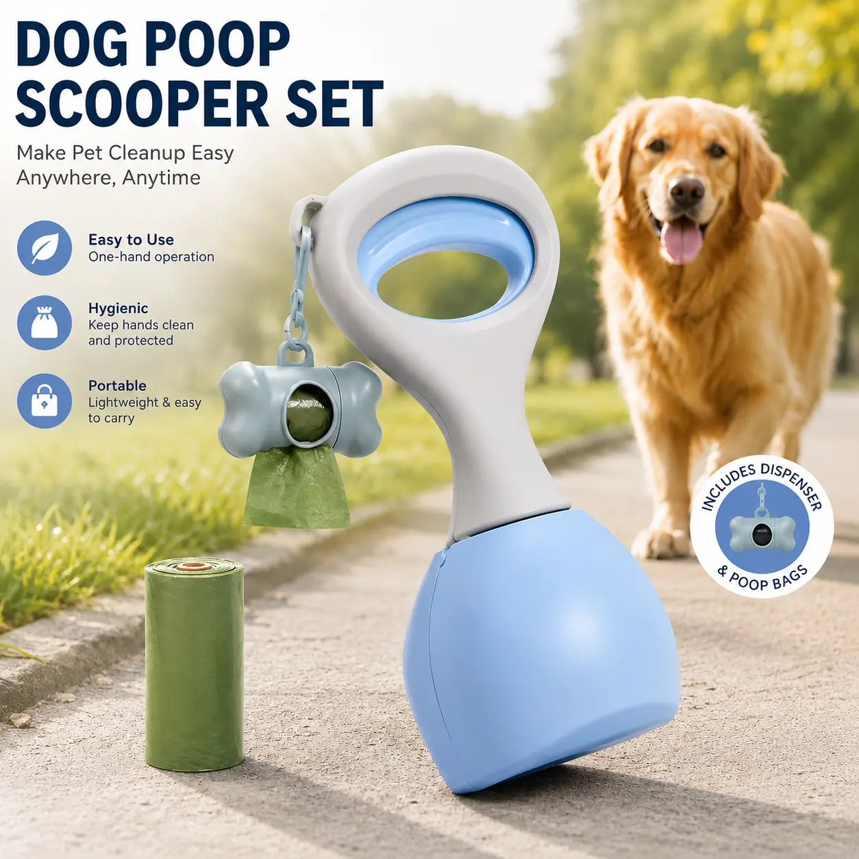 Portable Dog Poop Scooper with Bag Dispenser & Bag Set, 1-Hand Easy Cleanup, Compact Foldable Sturdy Handles, Lightweight Design, 15 Leak-Proof Picks for Outdoor Scooping, Backyard Use, Sturdy Handles Outdoor Scooping