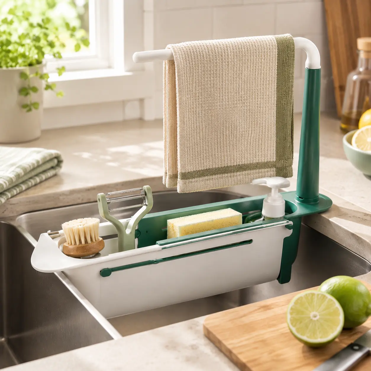 Keep Your Sink Neat! Over-the-Sink Organizer with Towel Bar for Sponge, Soap & Kitchen Cleaning Tools