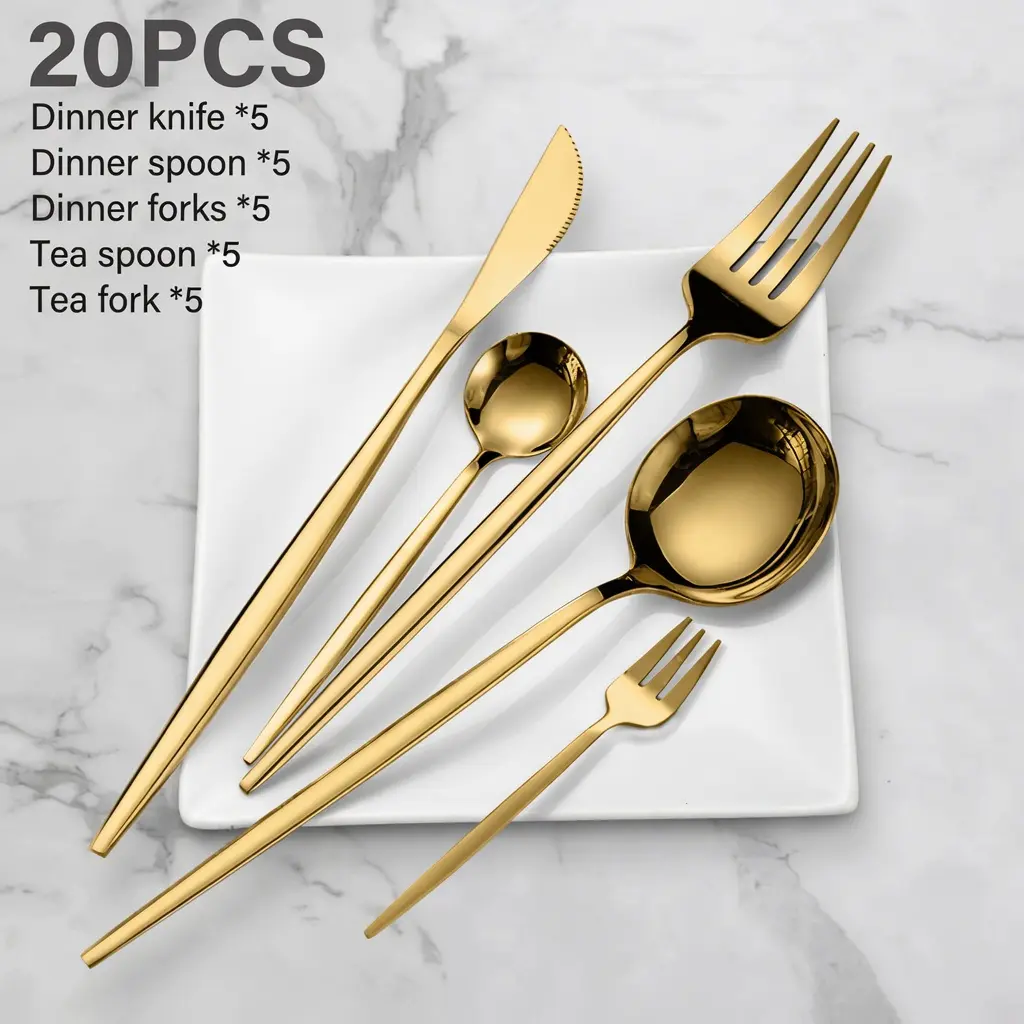 Gold Silverware Set for 4, 20 Piece Heavy Duty Stainless Steel Flatware Utensils Cutlery Set Including Steak Knife Fork and Spoon, Dishwasher Safe, Gift Package for Wedding Housewarming