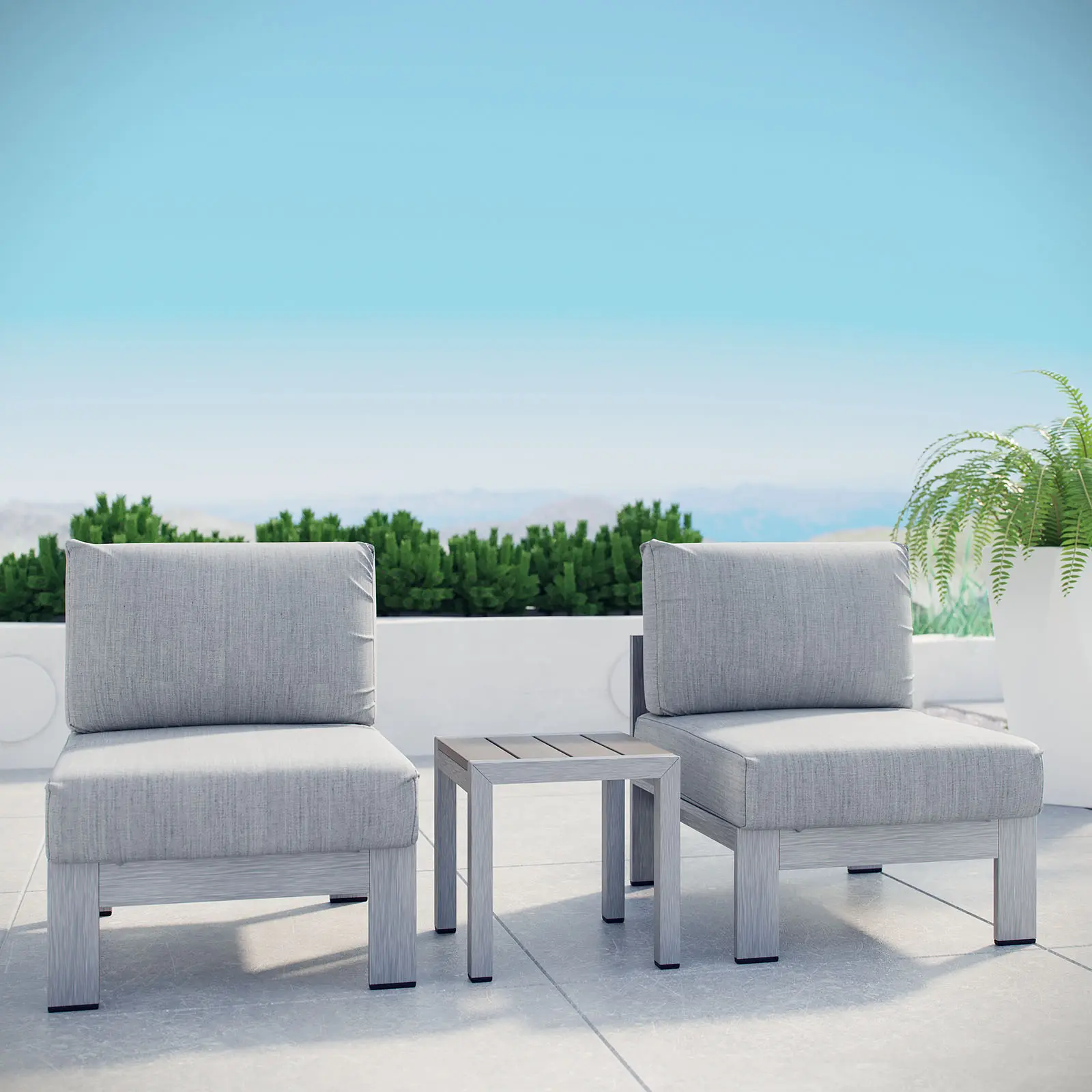 Modway Shore Minimal Design Modern 3-Piece Outdoor Patio Aluminum Sectional Sofa Set with Lounge Chair, Silver Gray for Backyard Oasis & Garden Party