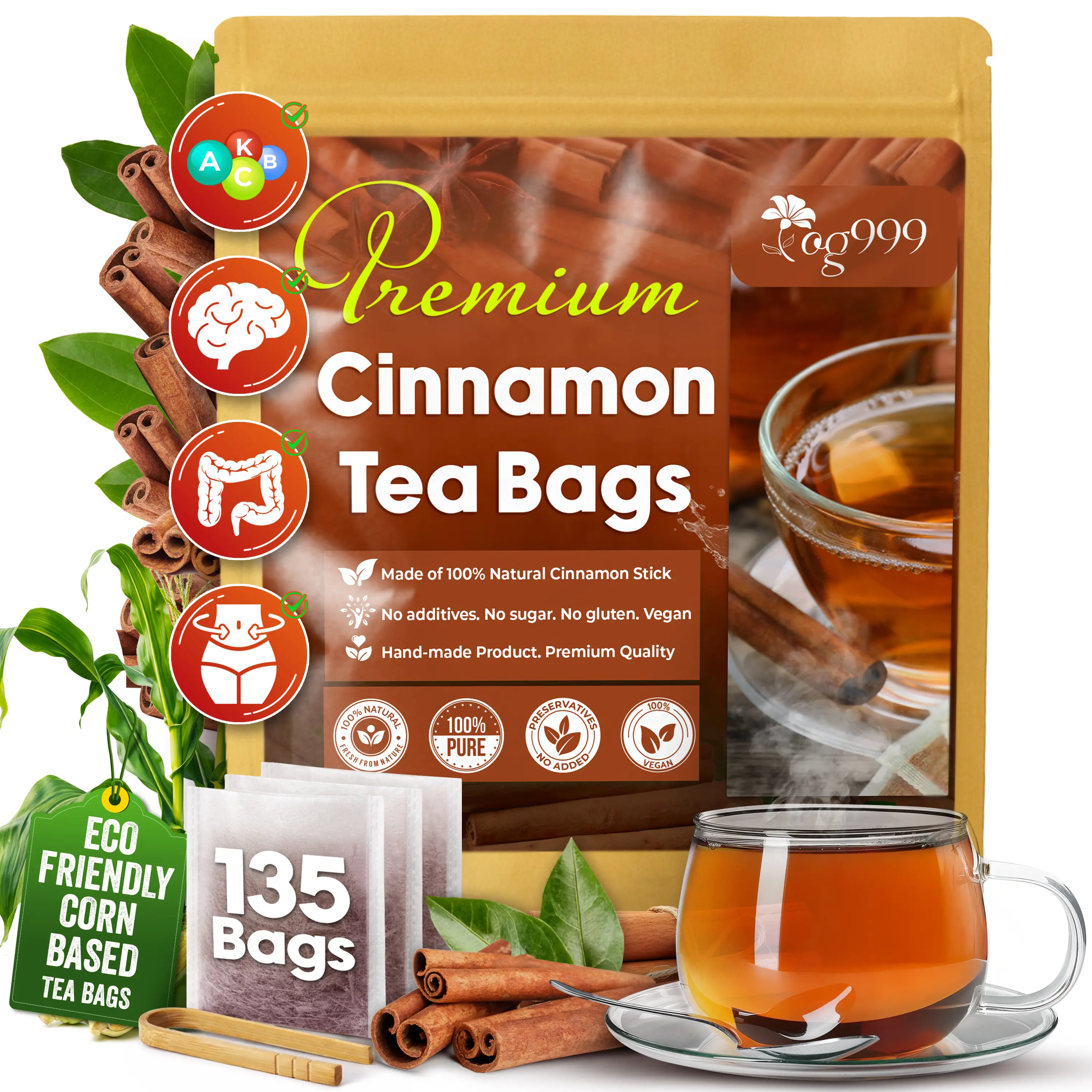 Special Cinnamon Tea, 135 Tea Bags, 100% Natural & Pure Cinnamon. Cinnamon Herbal Tea. Cinnamon Stick Herbal Spice Beverage