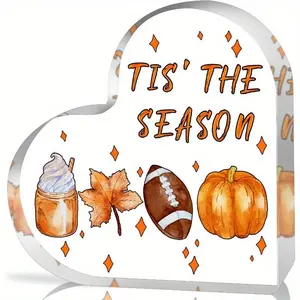 Football & Maple Leaf & Pumpkin Pattern Acrylic Heart Shaped Gift, 1 Count Fall Harvest Themed Gift, Party Favor for Friends & Family, Decor, Halloween