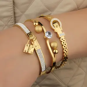 3Pcs Combination, Women'S Stainless Steel Bracelet, Exquisite And Elegant Style, Small Lock Pendant With Sparkling Synthetic Zirconia, Multiple Combinations  Choose From, Fashionable And Versatile, Trendy Stack Bangle Personalized Jewelry