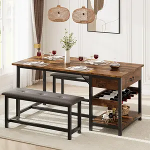 Garvee Dining Table Set for 4, Kitchen Dining Table Set with Upholstered Benches, Kitchen Dining Room Table with Storage Drawers & Wine Rack for Small Space, Retro Brown