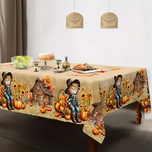 Fall Harvest Tablecloth Scarecrow Pumpkin Sunflower Print Polyester Easy Clean Indoor Outdoor Thanksgiving Dining Decor Party Decoration Supplies