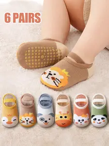 6 Pairs Kids Elastic Socks, Baby Toddler Non-Slip Indoor Floor Socks, Cartoon Animal Design, Unisex Children Anti-Skid Socks for Boys & Girls