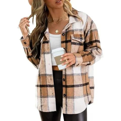 Women's Plus Size Oversize Check Plaid Flannel Shacket Coat - Lady's Fashion Longsleeves Tops, Button-Down, Breathable Polyester Fabric, Pockets, Casual Fall Winter Essential Women's Clothes
