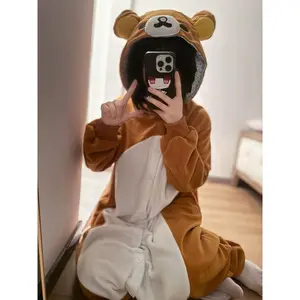 Rilakkuma Onesie Pajamas Women Men Teens Flannel Thickened Fleece Winter Autumn Student Cartoon Funny Loungewear Set