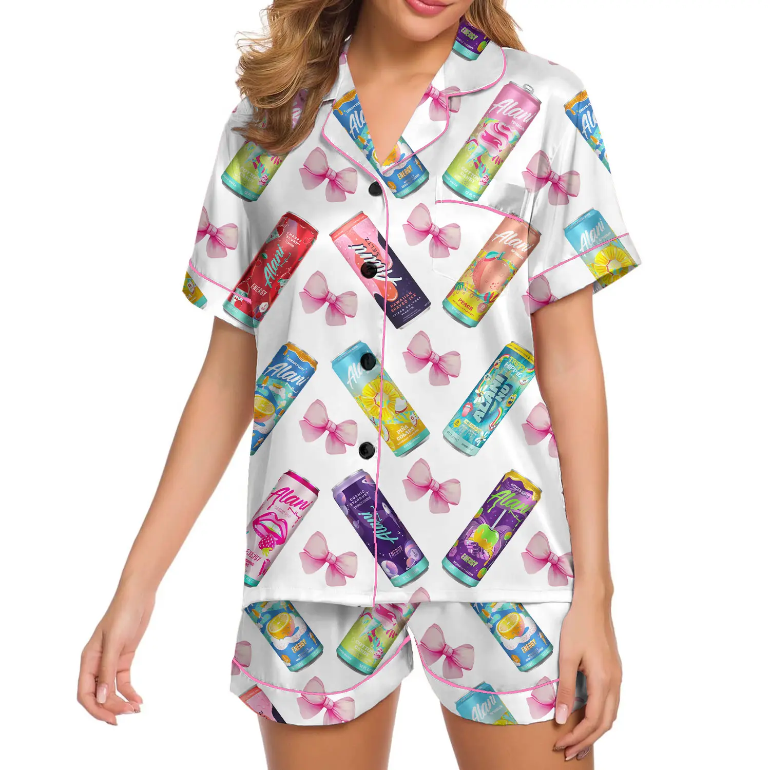 Coquette Alani Pajamas Satin Set, Alani Bow Satin Pajamas, Alani Energy Drink Sleepwear, Gift For Mom, Gift For Her
