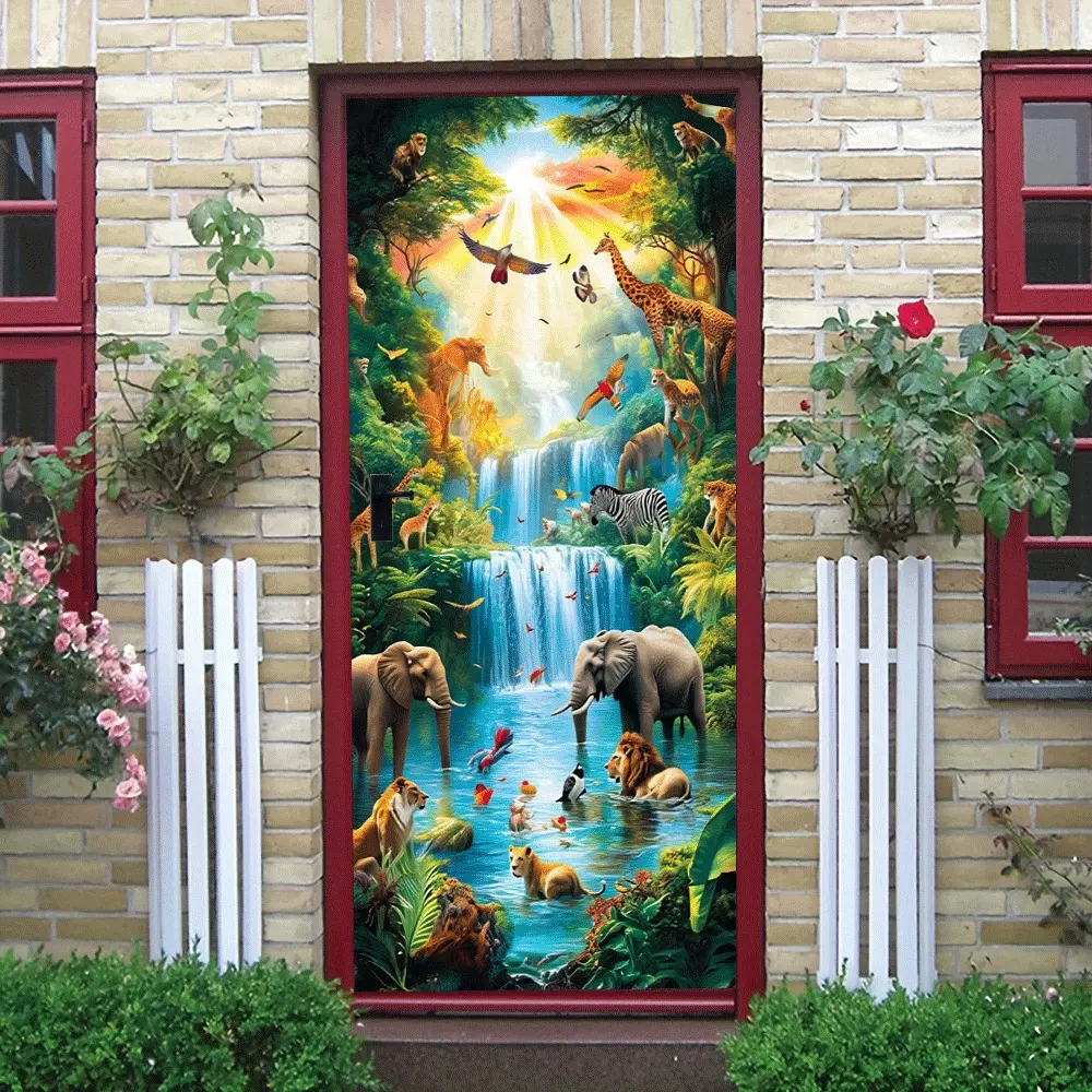 2pcs Rainforest Animal Wall Stickers for Kids Room Living Room Decor Self Adhesive Removable Eco Friendly Material Waterfall Giraffe Elephant Lion Zebra Theme Mural Bedroom Background Wall Decoration St