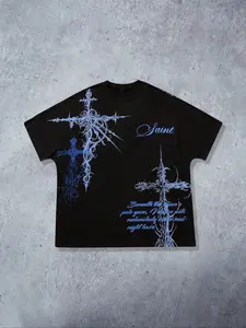 Men's Gothic Cross Batwing Sleeve Print Short Sleeve Knit T-Shirt, Loose Fit Street Style Streetwear Tee for All Seasons, Casual Daily Wear