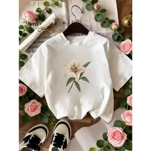 Women's Oversized Minimalist Lily Print 100% Cotton Fabric Tee - Streetwear Bohemian Casual Short Sleeve Top