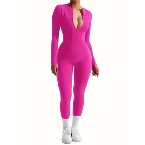 Solid Color Zip-Up Skinny Jumpsuit, Athleisure Long Sleeve Jumpsuit for Yoga, Women’s Clothing