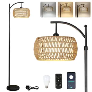 Boho Rattan Floor Lamp with Shade – 12W Bright Dimmable LED Bulb, Remote Control 3 Color Temperatures, Modern Farmhouse Handwoven Arc Standing Light for Living Room Bedroom