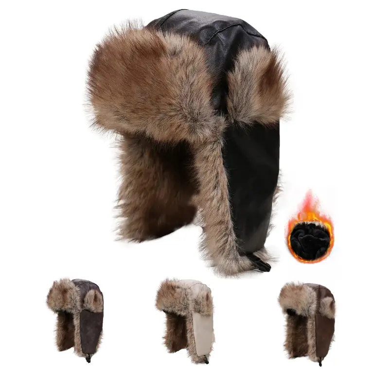 Unisex PU Leather Trapper Hat with Faux Fur, Thickened Warm Winter Bomber Hat with Ear Flaps for Outdoor Cycling Skiing