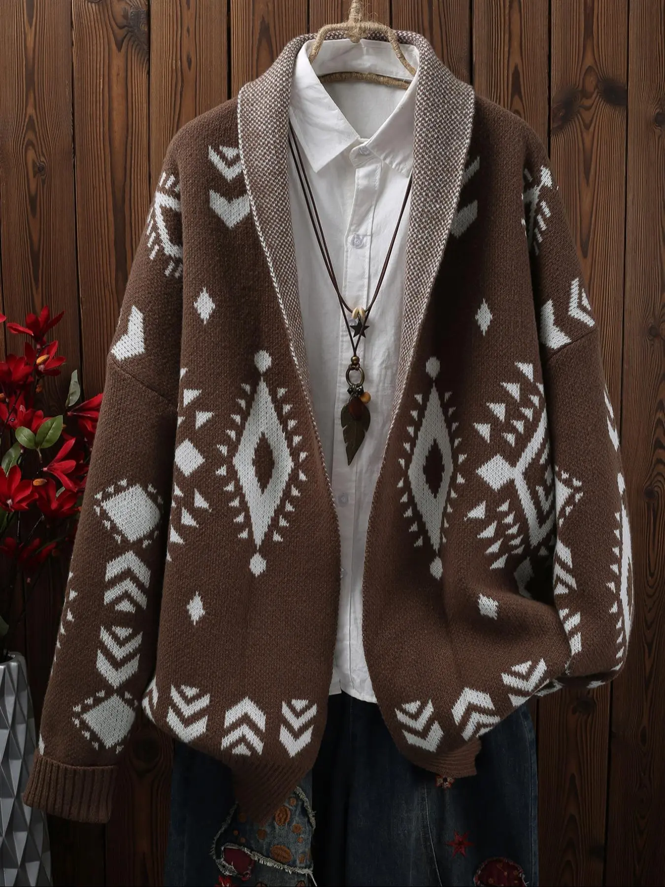 Plus Size Geometric Pattern Long Sleeve Fashion Knitwear Cardigan, Casual Open Front Outerwear for Fall & Winter, Women's Clothes for Daily Wear, Vneck