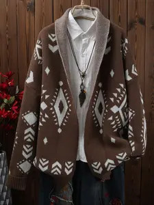 Plus Size Geometric Pattern Long Sleeve Fashion Knitwear Cardigan, Casual Open Front Outerwear for Fall & Winter, Women's Clothes for Daily Wear, Vneck