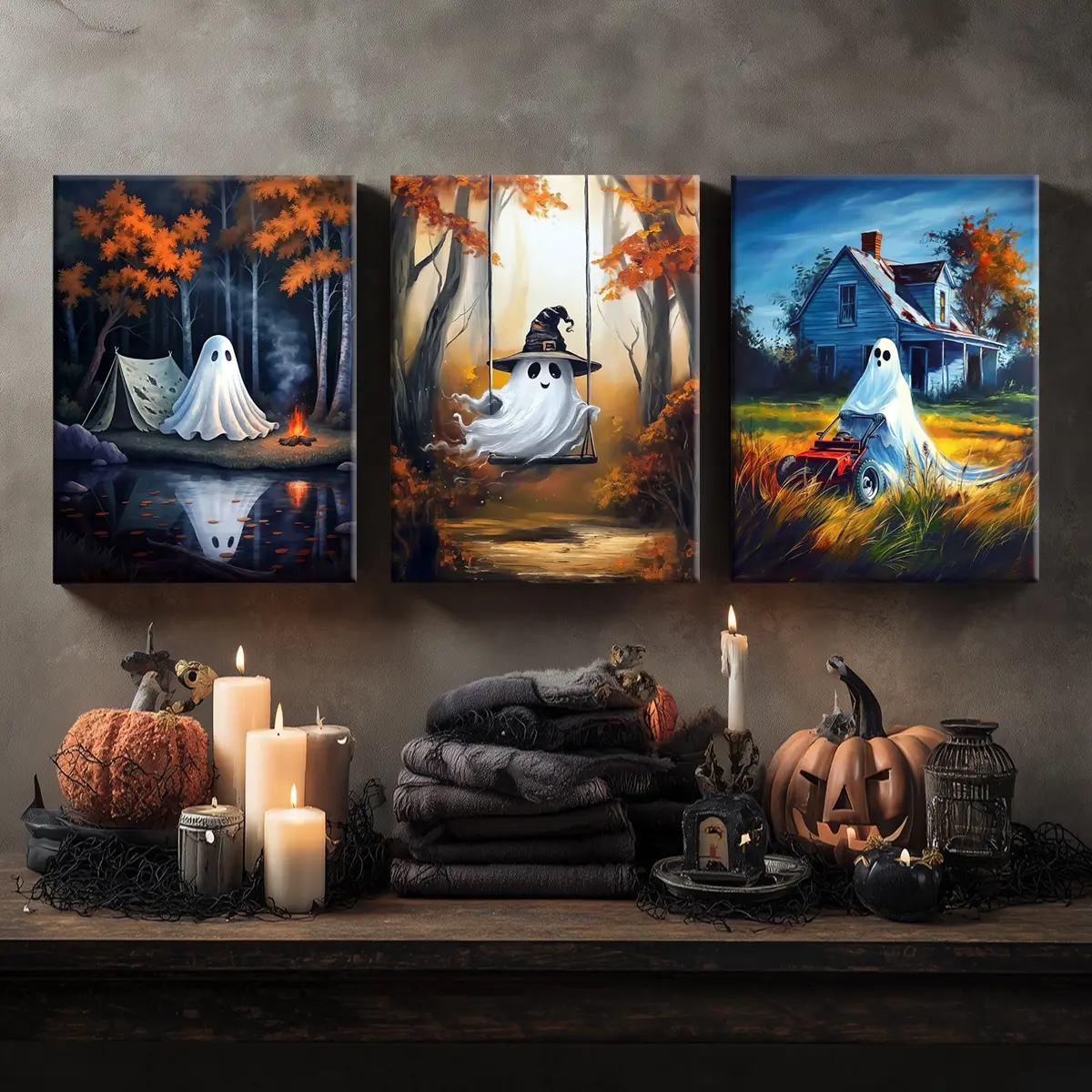 3 Counts Wooden Framed Canvas, Fun Ghost - Themed Posters, Halloween Home Poster, Halloween Party Decorations, Living Room And Bedroom Hanging Paintings, Horror Theme, Interesting Posters, Exquisite Gifts, High-Definition Art