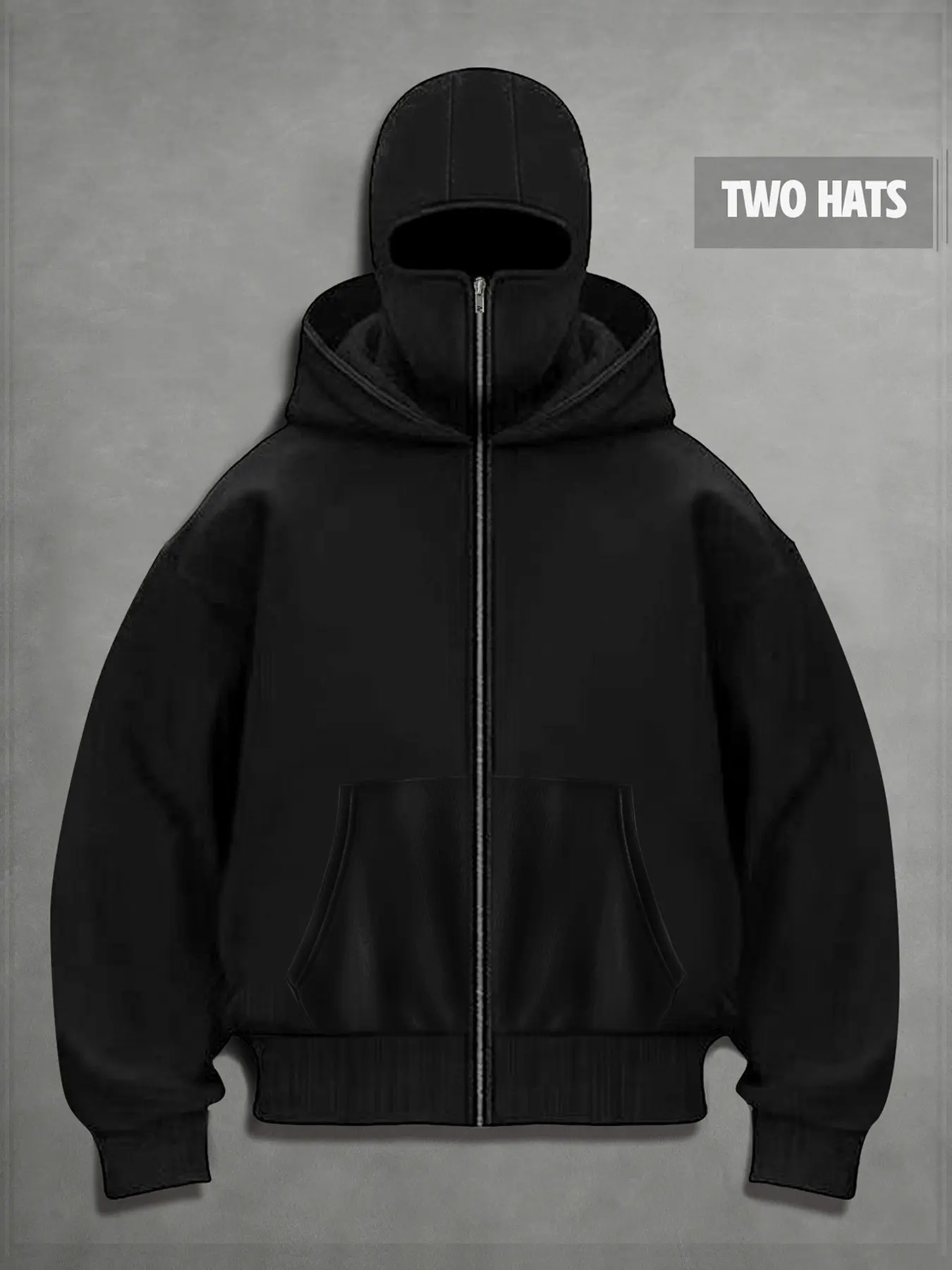 Black solid color clean edition cardigan hoodie hooded men's clothing, two hats aesthetic geometric zipper with pocket jacket hooded long sleeved jacket, European and American street autumn and winter plus velvet unisex hoodie versatile