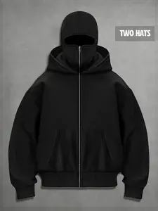 Black solid color clean edition cardigan hoodie hooded men's clothing, two hats aesthetic geometric zipper with pocket jacket hooded long sleeved jacket, European and American street autumn and winter plus velvet unisex hoodie versatile