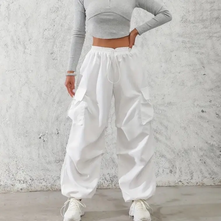 Women’s Plain Drawstring PETITE High Waist Cargo Pants, Y2K Kpop Style Streetwear Pocket Design Trousers For Daily Wear, Ladies Fall Bottoms