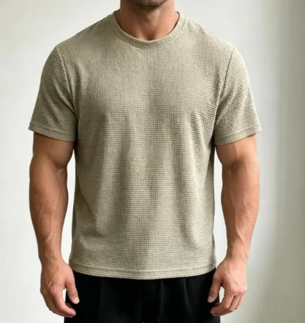 Cooling Waffle Mesh Knit Mens Tee Solid Color 3D Bubble Textured Fabric Loose Fit Khaki Crew Neck Lightweight Short Sleeve Office Casual T-Shirt