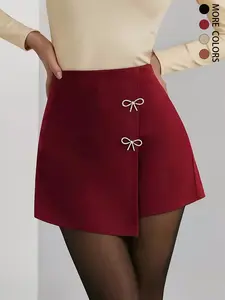 Women's Elegant Bow Decor Side Slit Elastic Shorts, Fitted Fashion Shorts, Stylish Ladies' Casual Wear, Comfortable and Versatile Cute Shorts, Suitable for all seasons