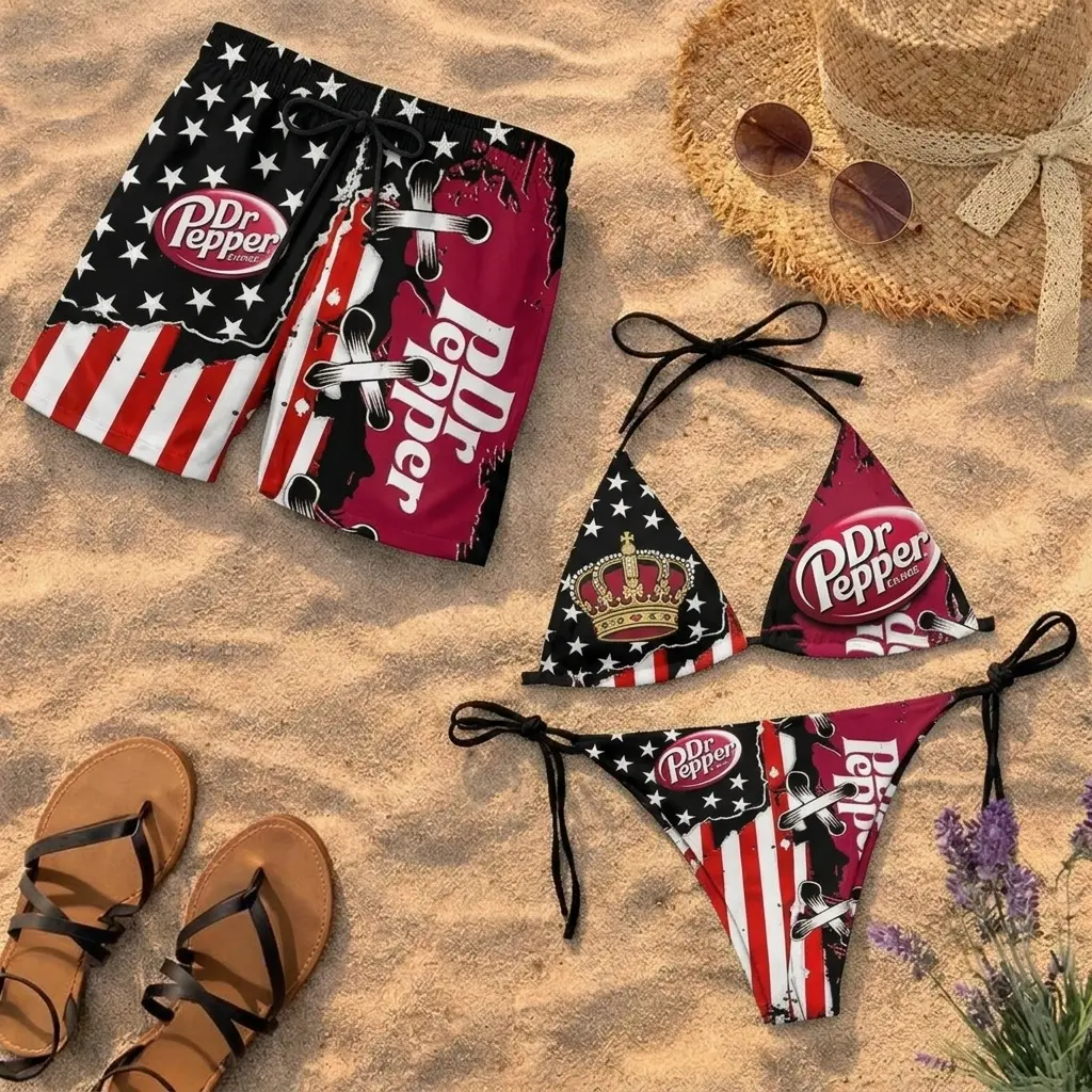 Dr. Pepper Bikini Set & Men's Beach Shorts, Retro Soft Drink Inspired Swimwear, Fun Matching Couple's Outfits, Summer Vacation Beachwear