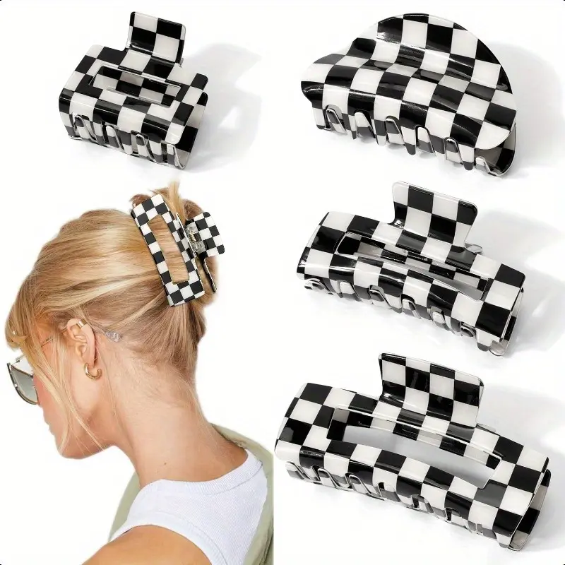 Large Claw Clips for Thick Hair - Heavy Duty Non-Slip Hair Barrettes, Black and White Checkered Hair Clips, - Compatible with Ponytails, Buns, Braids - Perfect Gift for Women, Teens, s (Y2K Hairstyles), Cute Hair Clips, Hairstyle Enhancer,