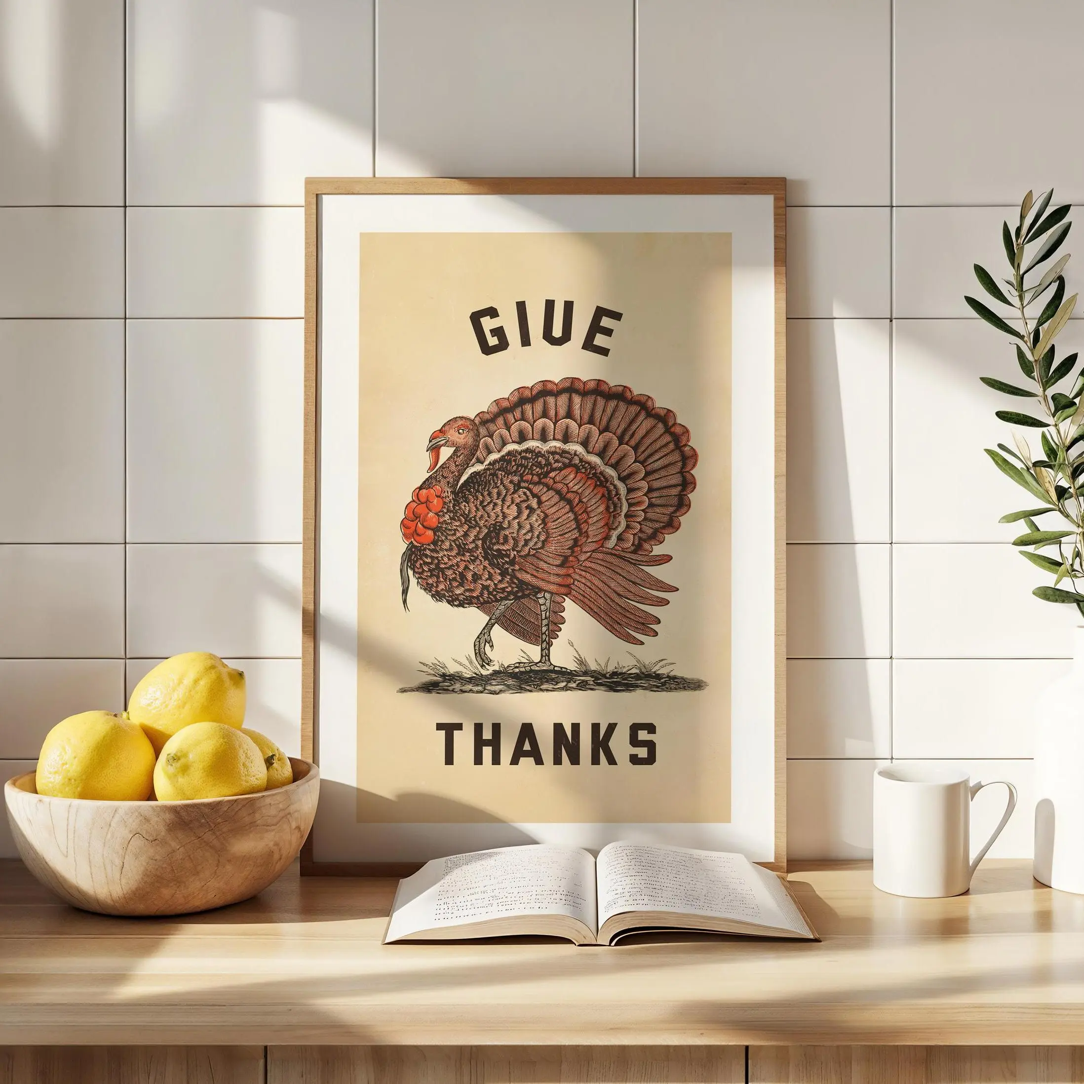 Thanksgiving Print Retro Kitchen Art Decor Give Thanks Turkey Wall Art Vintage Stamp Style Poster for Home Gift