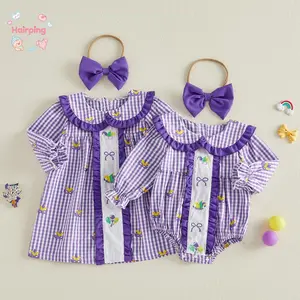 Mommy & Me Purple Gingham Outfit Set, Ruffled Collar Dress/Bodysuit + Matching Bow Headband, Cute Easter Family Matching Clothes