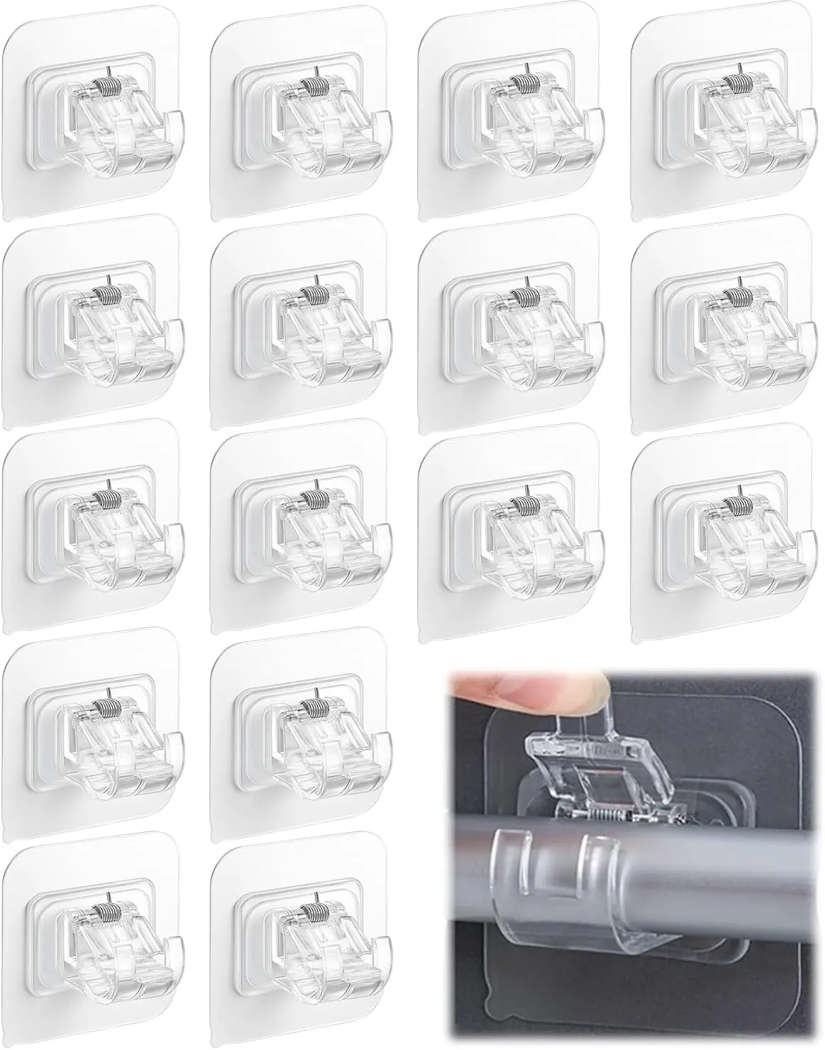 Transparent ABS+Steel No-Drill Self-Adhesive Curtain Rod Mounting Clip Hooks & Rails - Waterproof, Smooth, Adjustable 5kg Capacity Home Organiser for Bathroom, Kitchen Use