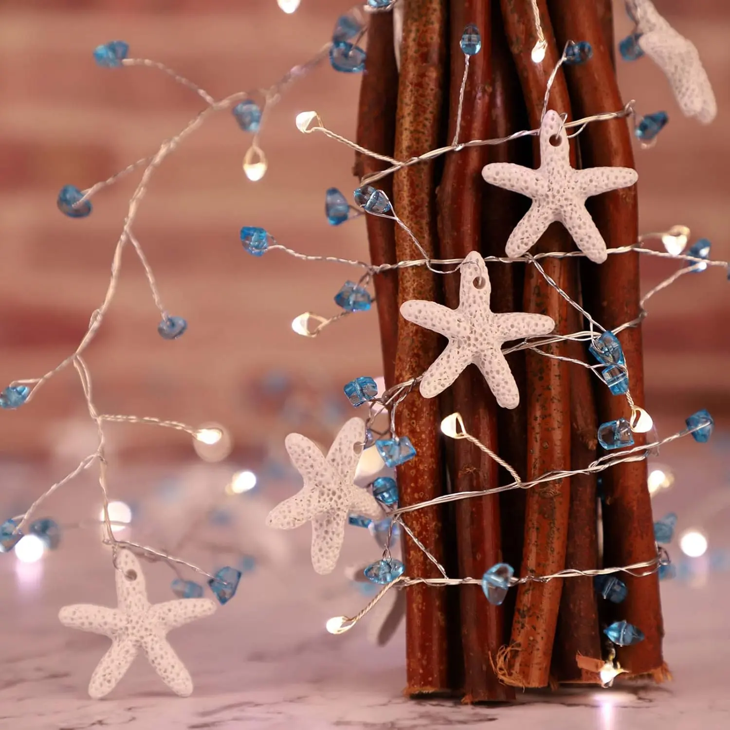Impress Life Starfish Shape Diamond String Lights - 10FT 40 LED Bendable Copper Wires, 3AA Battery & USB Operated with Remote (0-5m Range), 1 Year Quality Assurance, Nautical Sea-Themed Decor for Christmas, Wedding, Batteries, Usb Cable