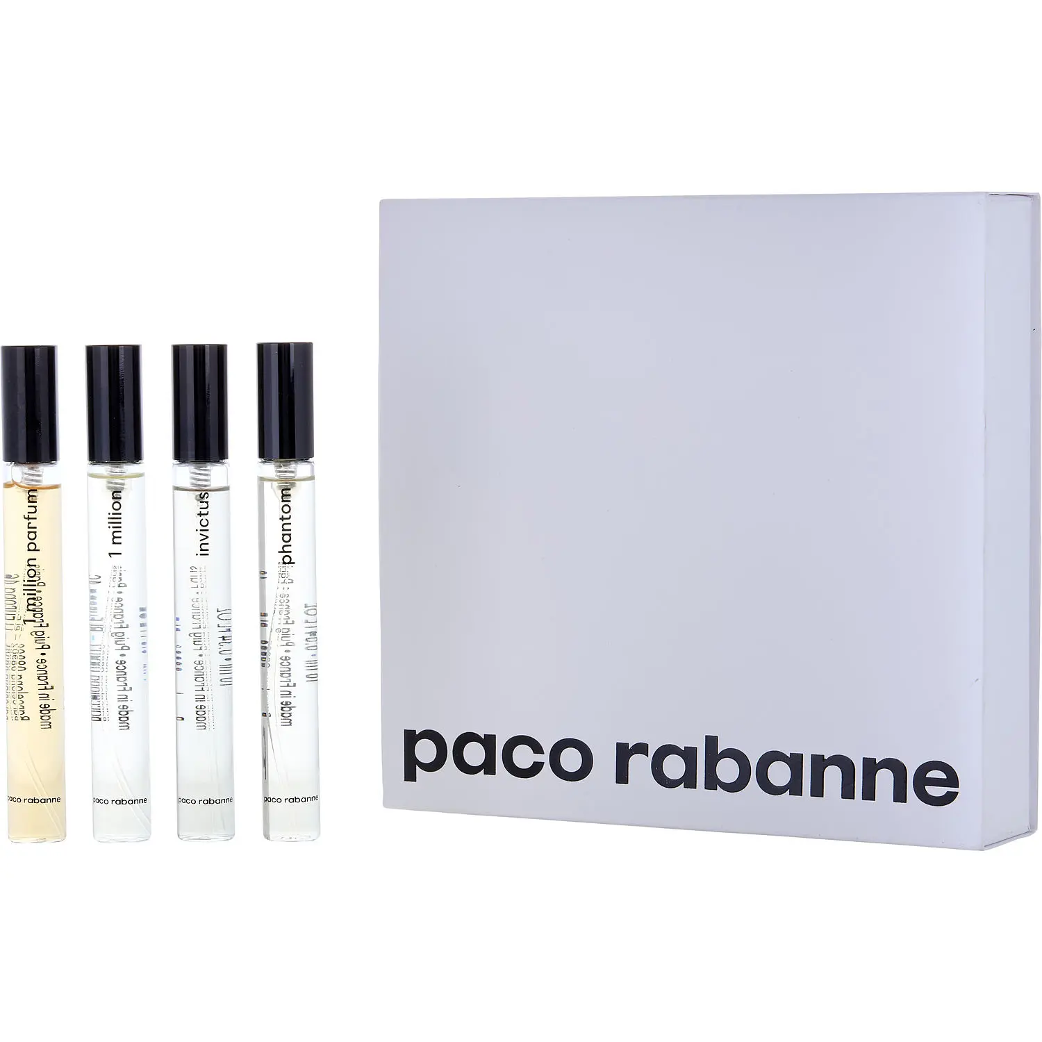 Paco Rabanne Variety Set-4 Piece Mens Mini Variety With 1 Million Parfum & 1 Million Edt & Phantom & Invictus And All Are 0.34 Oz Minis For Men