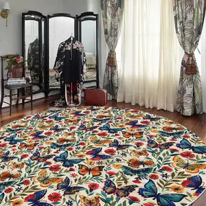 Butterfly & Floral Print Floor Mat, Non-slip Soft Floor Carpet, Decorative Area Rug for Home Living Room Bedroom, Home Decor
