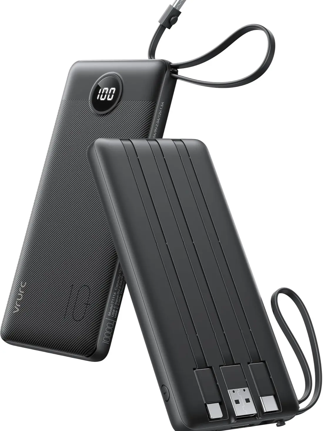 VRURC 10000mAh Mobile Power Bank, Cute Slim Fast Charging Portable Charger with Built-in Cables for iPhone, Android - Black