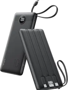VRURC 10000mAh Fast Charging Power Bank, Cute Slim Multi-Device Portable Charger with Built-in Cables for iPhone, Android - Black