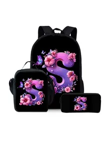 Letter pattern printed 17-inch Youth Backpack three-piece set (single-layer backpack + shoulder strap lunch bag + single-layer pencil case)