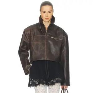 Helsa The Leather Oversized Moto Jacket in Brown Distressed