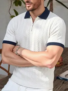 Men’s summer jacquard textured polo shirt with a turn-down collar and half-zip placket in contrasting colors, suitable for everyday commuting, travel, vacations, and outings; casual minimalist style, urban mature style, British gentleman style.