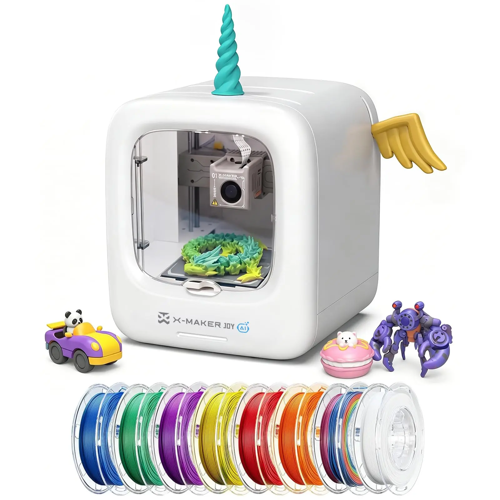 AOSEED X-MAKER JOY AI 3D Printer for Beginners and Families, Wi-Fi App Control, AI Design Features, Plug-and-Play Design， 3D Printer with 8 PLA Filament Set