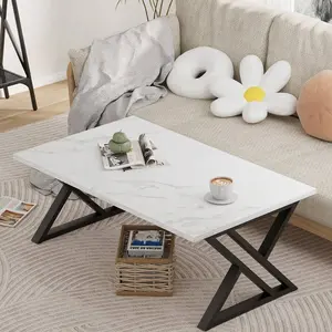 Coffee  Living Room  Black Center  Modern Faux Marble Rectangular Tea  With Sturdy Black-Finished Metal Frame,Industrial Wooden Coffee  For Bedroom Home Office table Mobile Standing Desk Wheels Mirrored Console Inlay