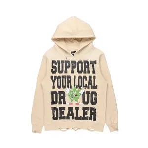 Tarl Beige Distressed Graphic Relaxed Hoodie